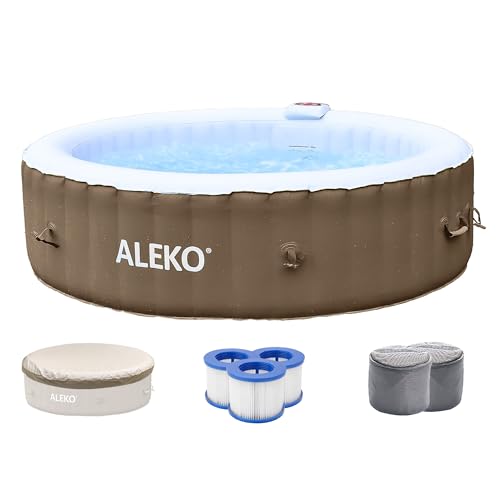 ALEKO Inflatable Hot Tub Spa | Personal High Powered Jetted Bubble | with Fitted Cover and 3 Filters | 265 Gallon | 6 Person Round | Brown | HTIR6GYBR