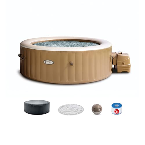 Intex PureSpa 6 Person Bubble Massage Inflatable Hot Tub Spa Set, Sahara Tan - Portable Outdoor Spa Plus Water Heater Pump, Foam Cover, Dispenser Ball
