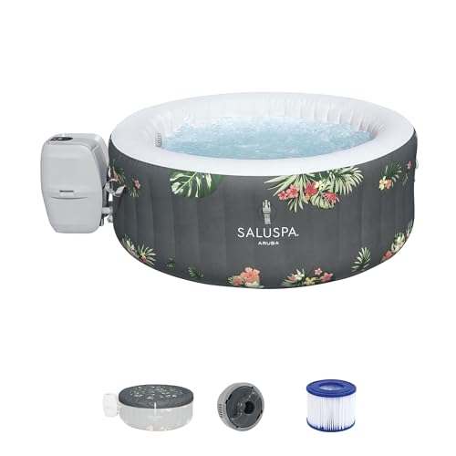 Bestway SaluSpa Aruba AirJet 2 to 3 Person Inflatable Hot Tub, 67 x 26 Inch Round Portable Outdoor Spa with 110 Soothing Jets and Cover, Gray