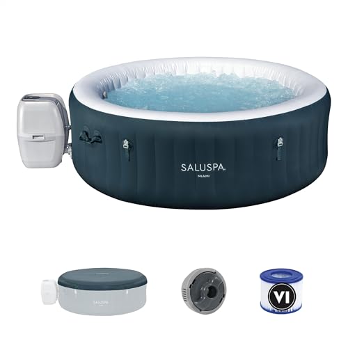 Bestway SaluSpa Miami AirJet 4-6 Person Inflatable Hot Tub Round Portable Outdoor Spa with 140 AirJets and EnergySense Energy Saving Cover, Dark Green