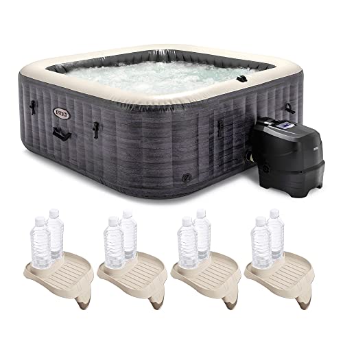 Intex PureSpa Plus 94 Inch x 28 Inch Inflatable Square Hot Tub Spa with Attachable Cup Holder and Set of 4 Refreshment Tray Accessory, Greystone