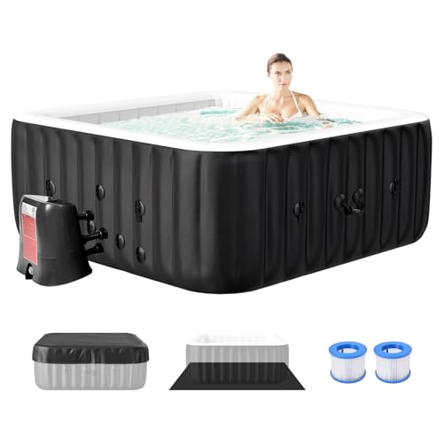 Glonerle 4-6 Person Inflatable Hot Tub, Large Square Portable Blow up Hot Tub, Leak-Proof PVC Outdoor Spa with 130 Air Jets, Insulated Cover and Heater Pump, 73” X 73”X 25”
