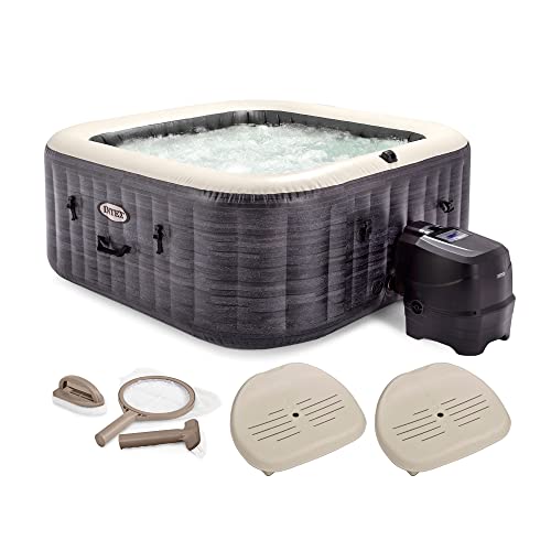 Intex PureSpa Plus Greystone Inflatable Square Hot Tub, Maintenance Kit w/Brush, Skimmer & Scrubber, & Slip Resist Inflatable Removable Seat (2 Pack)