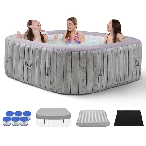 COCLUB Inflatable Square Hot Tub Spa Set, Outdoor Bubble Massage Portable Hot Tubs, 4-6 Person Blow up Hot Tub with 130 Soothing Jets, Insulated Cover, Built in Heater Pump, 6 Filter Cartridges