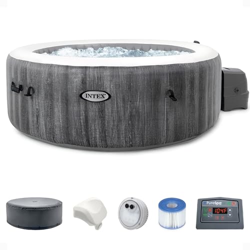 INTEX 28439EP PureSpa Greywood Deluxe Inflatable Spa Set: Includes Energy Efficient Cover – Spa Control App – Wireless Control Panel – 4 Person Capacity – 77" x 28"