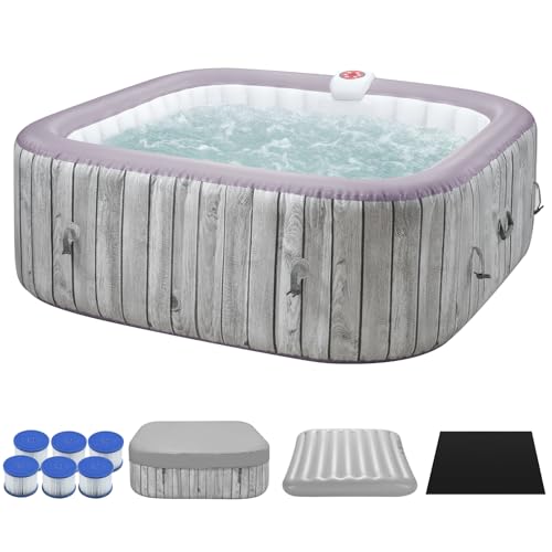 BTMWAY 73" Inflatable Hot Tub,4-6 Person,Portable Ourdoor Spa with 130 Soothing Bubble Jets,Insulated Cover and 6 Replaceable Filters,Smart Heating up to 104°F,110-120V Input (Wood Grain Square)