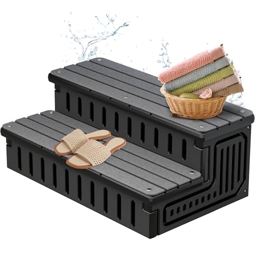 Marudina Hot Tub Steps with Removable Fabric Cover - Heavy Duty HDPE Spa Stairs with Storage, Non-Slip, Waterproof & Easy to Clean–All-Weather Steps for SPA, RV, Pool or Porch