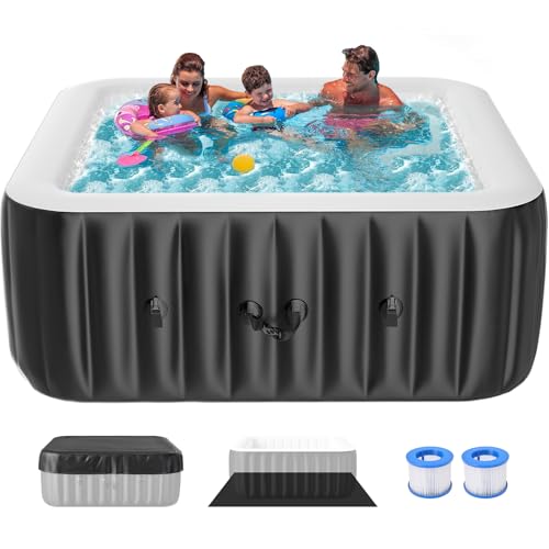 Inflatable Hot Tub, 4-6 Person Square Blow Up Portable Hot Tub, Leak-Proof PVC Outdoor Spa with 130 Strong Air Jets, Heater Pump and Insulated Cover, 73” X 73”X 25”