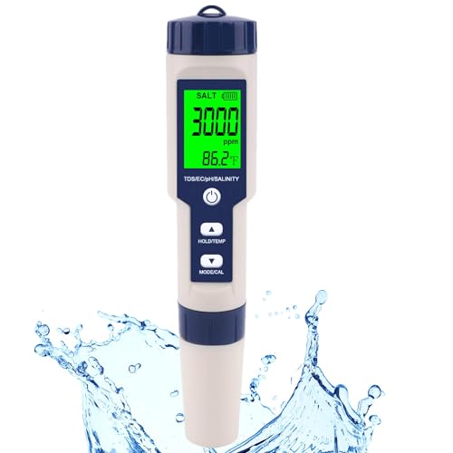 Pool Salt Tester & PH Meter, Hofun Digital Salinity Meter and PH Tester for Aquarium and Pool Saltwater Water, 5 in 1 Salinity PH Temp EC and TDS Meter, Aquarium Swimming Pool Hot Tub, High Accuracy