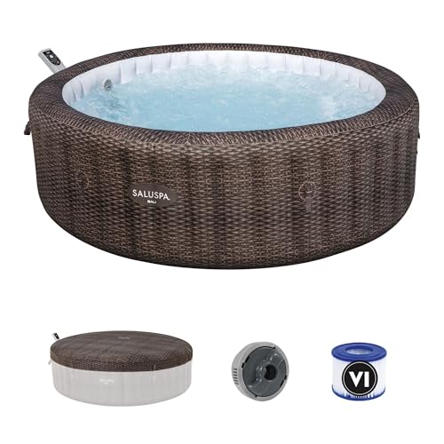 Bestway SaluSpa Bali Smart AirJet Inflatable Hot Tub Round Portable 5-7 Person Spa with 180 AirJets, App Control and EnergySense Cover, Brown Rattan