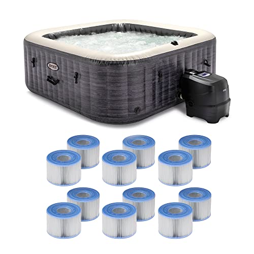 Intex PureSpa Plus Greystone Inflatable Square Outdoor Hot Tub Spa, 94 x 28 Bundled with Type S1 Easy Set Spa Filter Replacement Cartridge, (12 Pack)