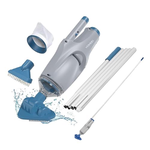 KOKIDO (2025 upgrade) Rechargeable Handheld Pool Vacuum, Aluminum Pole and 2 Brush Heads, 10GPM power ideal for pools up to 20ft, Cordless 60 mins Spot Cleaning, Above Ground Pool, Hot Tub & Spa XV110