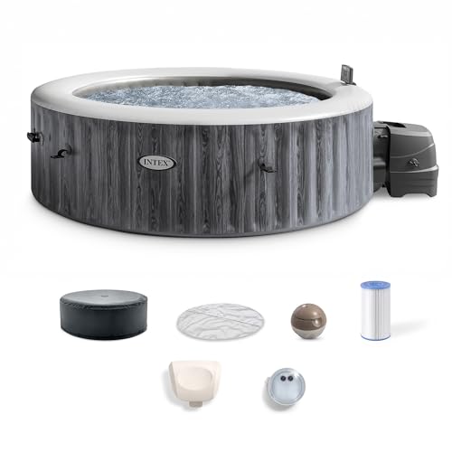 INTEX 28441EH PureSpa Greywood Deluxe Spa Set: Includes Energy Efficient Spa Cover - 170 Bubble Jets - Round Design - 6 Person Capacity - 85" x 28"