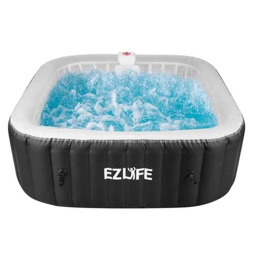 EZLIFE 6 Person Inflatable Spa, 130 Aqua Jets, 110-Volt, Square Inflatable Hot Tub Spa, with LED, Cover, Repair Kit, Ground Pad, Filter, Hose – 72" x 25"