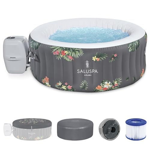Bestway SaluSpa Aruba AirJet Large Round 2 to 3 Person Inflatable Hot Tub Portable Outdoor Spa with 110 AirJets and EnergySense Cover, Grey
