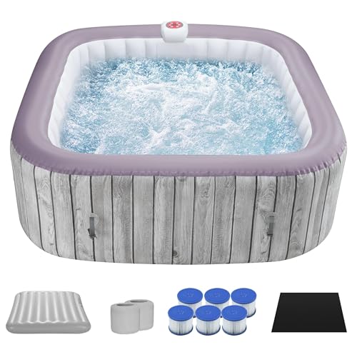 HUGROVE 73 inch Square Inflatable Hot Tub, 4-6 Person Portable Outdoor Spa with 130 Bubble Jets&Insulated Cover, Digital Control Panel, 6 Filters, 110-120V Input, Up to 104°F (Wooden Gray)