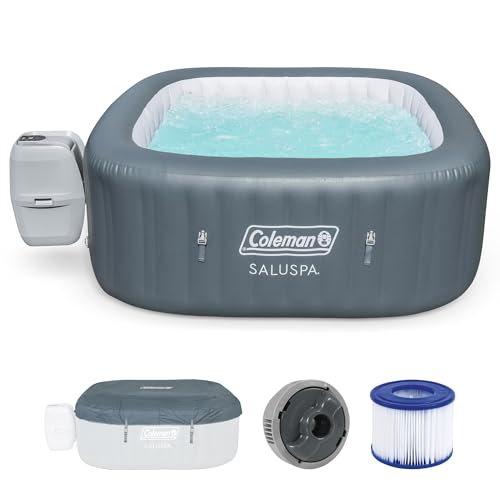 Coleman SaluSpa AirJet 4 to 6 Person Inflatable Hot Tub Square Portable Outdoor Spa with 114 Soothing AirJets and Insulated Cover, Gray