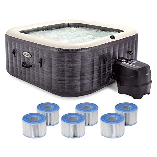 Intex 28449EP PureSpa Plus Greystone Inflatable Square Hot Tub, 83 x 28 & 29001E PureSpa Type S1 Easy Set Spa Filter Replacement Cartridges (6 Pack)