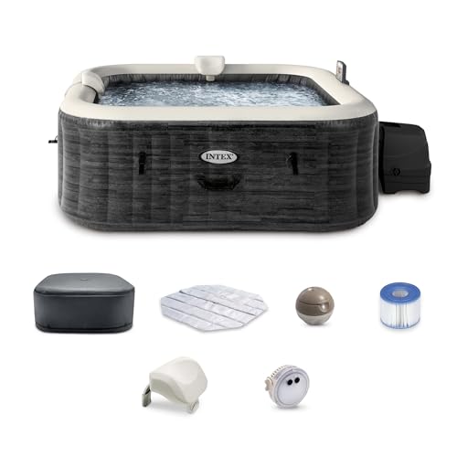 INTEX 28451EP PureSpa Greystone Deluxe Spa Set: Includes Energy Efficient Spa Cover and Wireless Control Panel – Spa Control App – Built-in FastFill Inflation System – 6 Person Capacity – 77" x 28"