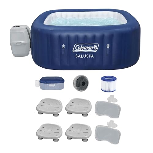 Bestway Coleman Hawaii AirJet Inflatable Hot Tub with EnergySense Cover, Blue + Bestway SaluSpa Spa Seat (4 Pack) + Bestway SaluSpa Pillows (2 Pack)