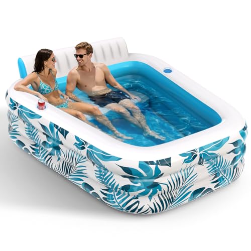 JCLEAL Inflatable Pool for Adults,Blow Up Pools with Backrest & Cup Holders XL Thickened Outdoor Family Spa Tub Kids Cool Swimming Pool for Backyard, Beach, Summer Water Parties