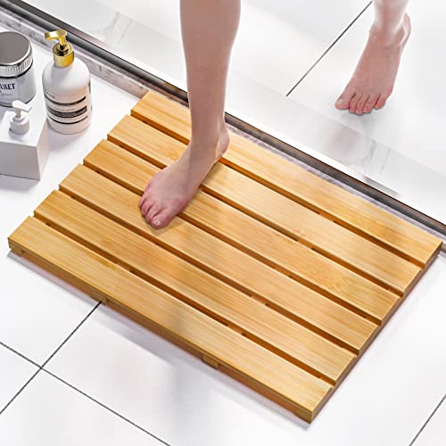 Domax Bamboo Bath Mat - Non Slip Waterproof Wooden Shower Floor Mat for Bathroom, Sauna, Spa, Outdoor Use (Natural, 21.26 x 14.17 x 1.3 Inch)