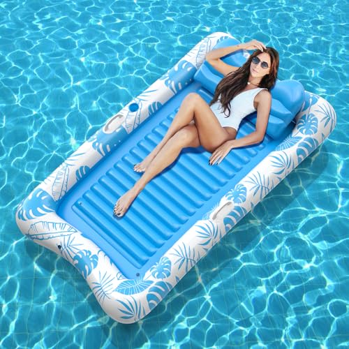 Rrtizan Inflatable Tanning Pool Rafts for Adults, 83.5" x 52.4" Adult Pool Floats with Pillow, Cup Holder & Handles, 4-in-1 Suntan Tub Raft Floatie for Pool, Backyard, Kids' Ball Pit (Blue-White)