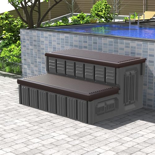 Hot Tub Steps, Outdoor Spa Steps with Storage, Non-Slip & Sturdy Hot Tub Stairs, 36 Inches Long, Coffee/Grey