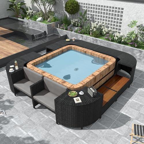 Harper & Bright Designs Spa Surround Spa Frame Quadrilateral Outdoor Rattan Sectional Sofa Set with Mini Sofa, Wooden Seats and Storage Spaces for Free Combination, Grey