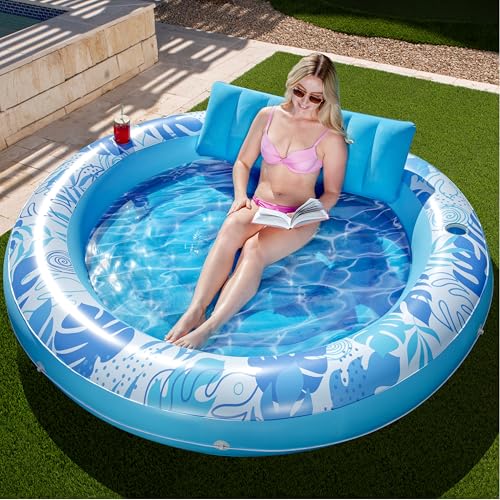 SLOOSH Inflatable Tanning Pool Lounger Float,72" x 65" Pool Floats Adult with Pillow,Luxury Fabric Large Suntan Tub Raft Floatie,Sunbathing Bed Lounge for Water Blow Up Kids Ball Pit Party Gifts,Blue