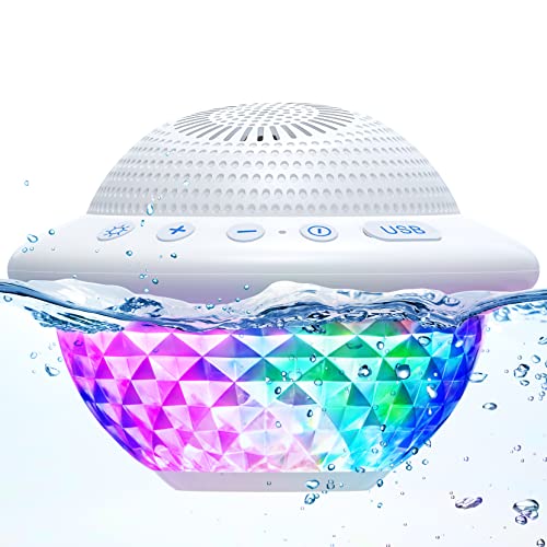 Floating Pool Speakers with Colorful LED Lights, IPX7 Waterproof Hot Tub Bluetooth Speaker, 10W Stereo Loud Sound, Built-in Mic, Portable Wireless Speakers for Shower Bathtub Beach Outdoor Swim-White