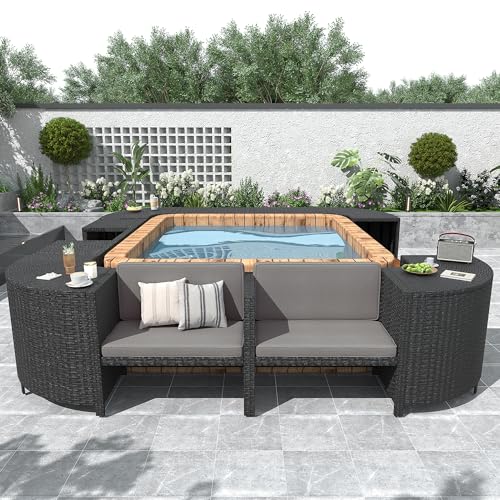 Modern Spa Surround Spa Frame, Patio Furniture Set, Square Outdoor Rattan Sectional Sofa Set with Mini Sofa, Hot Tub Storage Surround Wooden Seats and Storage Spaces for Free Combination, Grey