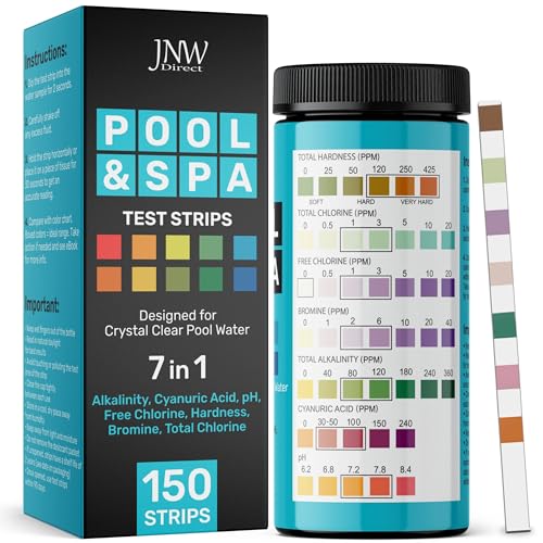 JNW 7-in-1 Pool Test Strips, 150 Quick & Accurate Test Strips for Pool Water, Spa Test Strips for Hot Tub, Chlorine Test Strips, Bromine, pH, Alkalinity, Hardness & More - Swimming Pool Test Kit