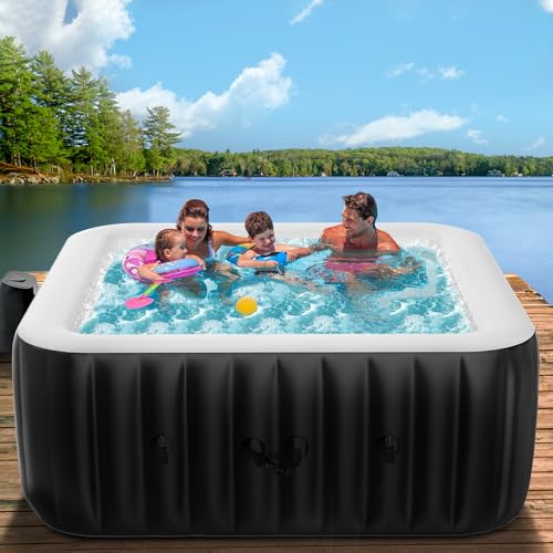 4-6 Person Inflatable Hot Tub, Square Blow Up Portable Hot Tub, Leak-Proof PVC Outdoor Spa with 130 Strong Air Jets, Heater Pump and Insulated Cover, 73” X 73”X 25”