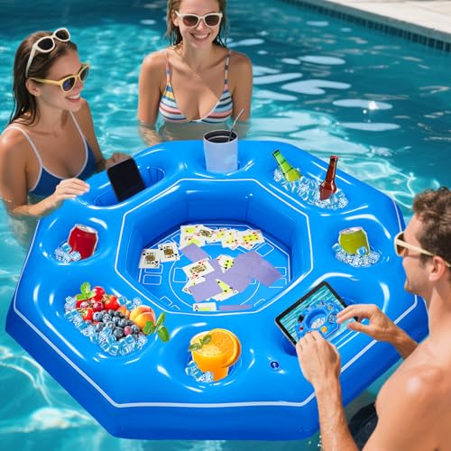 Lanathel Octagonal Inflatable Game Table with Waterproof Playing Cards, Inflatable Pool Bar Games for Adults, Floating Portable Bar Table Tray for Hot Tub or Pool Beach Party (Blue)